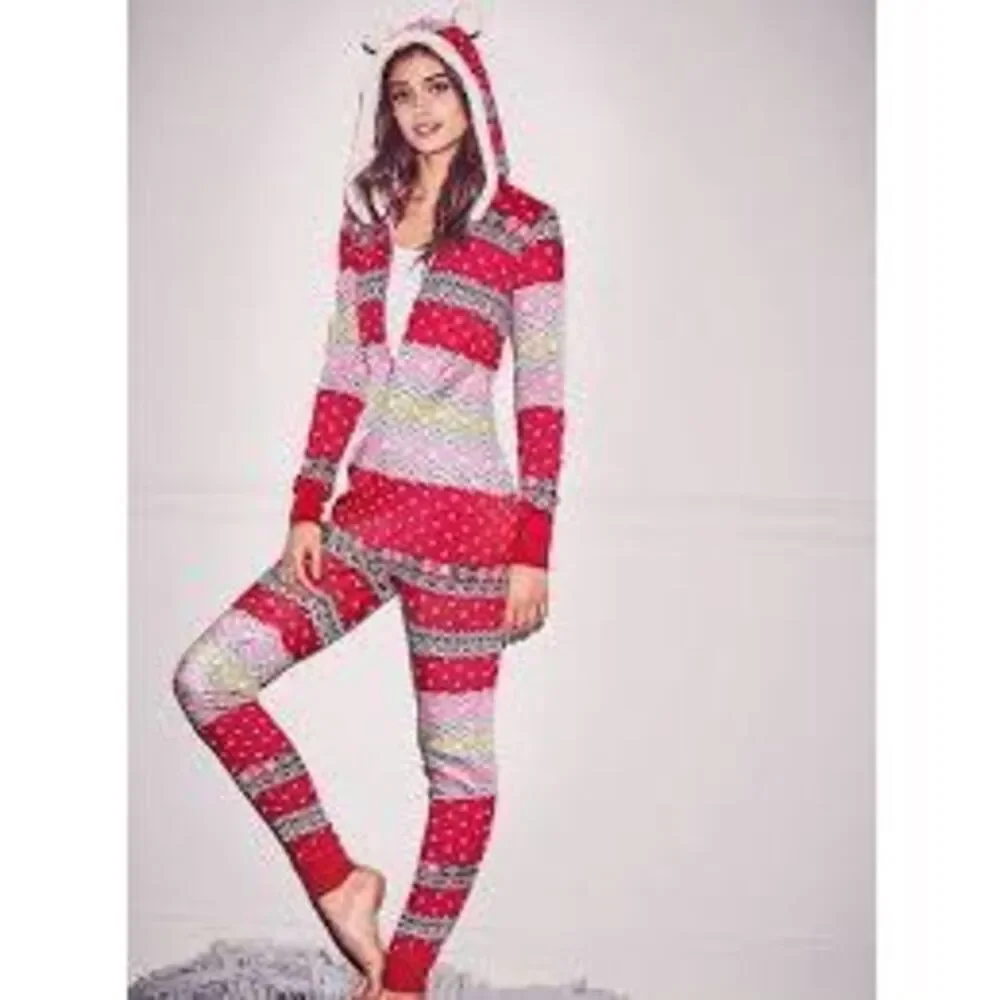 Victoria’s Secret Fair Isle Sherpa Hooded Waffle Weave PJ Pajamas Sz M